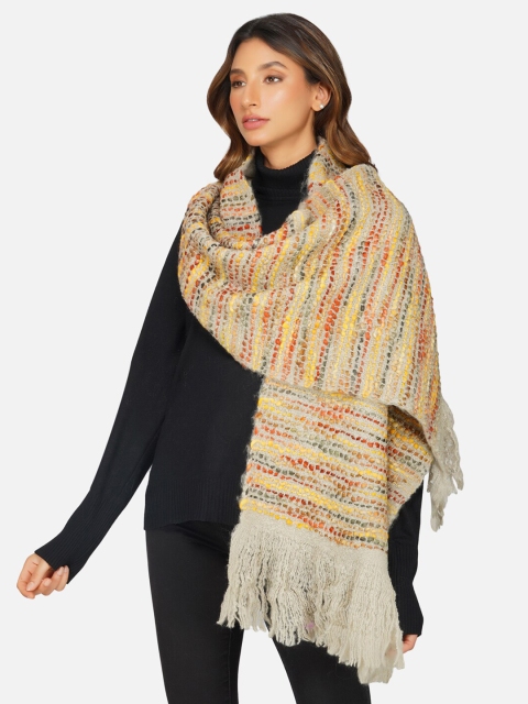 

FABNEST Women Peach-Coloured & Yellow Self Design Scarf
