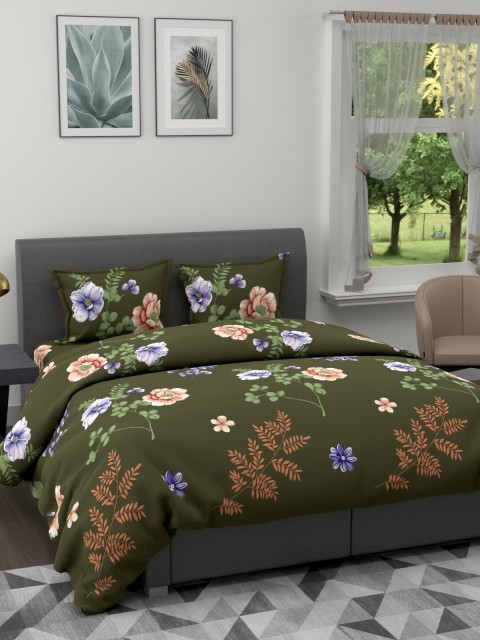 

BIANCA Olive Green & Orange Set of 4 Floral Microfiber AC Room 150 GSM Double Bed Comforter