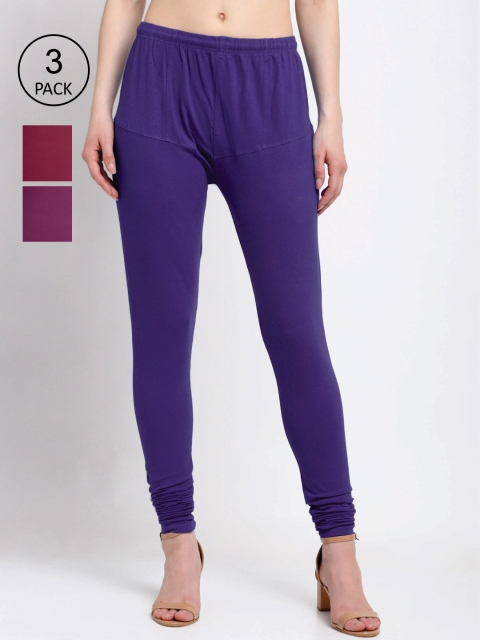 

KLOTTHE Women Pack Of 3 Solid Cotton Churidar-Length Leggings, Purple
