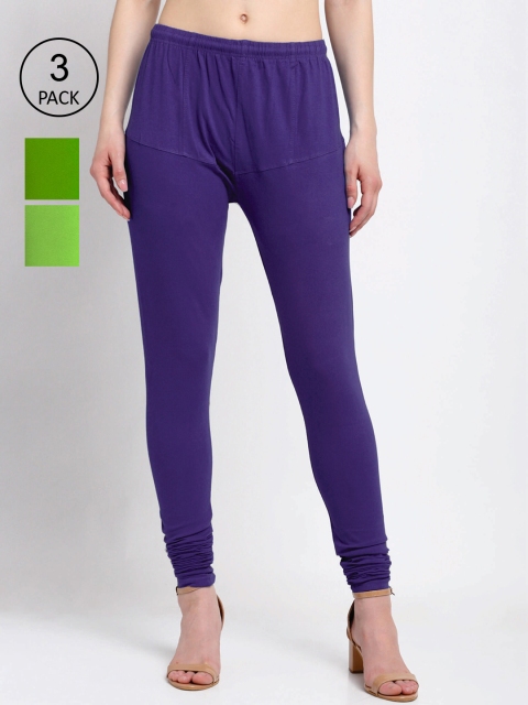 

KLOTTHE Women Pack Of 3 Solid Cotton Churidar-Length Leggings, Purple