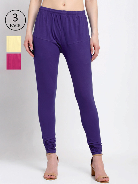 

KLOTTHE Women Pack Of 3 Solid Cotton Churidar-Length Leggings, Violet