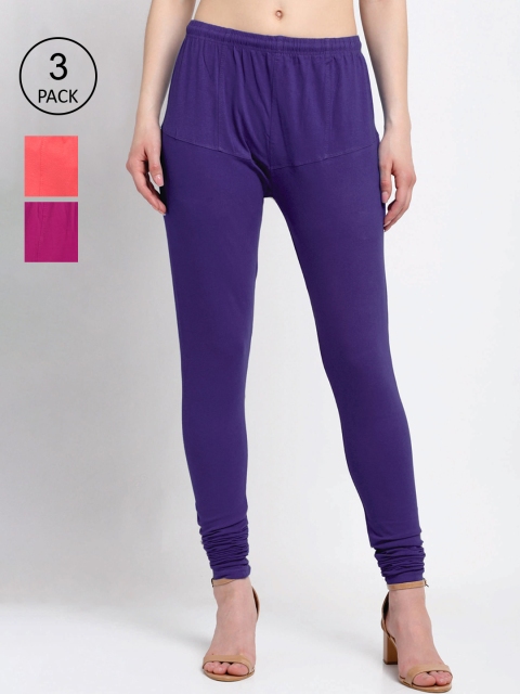 

KLOTTHE Women Pack Of 3 Solid Cotton Churidar-Length Leggings, Violet