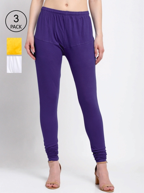 

KLOTTHE Women Pack Of 3 Solid Cotton Churidar-Length Leggings, Purple