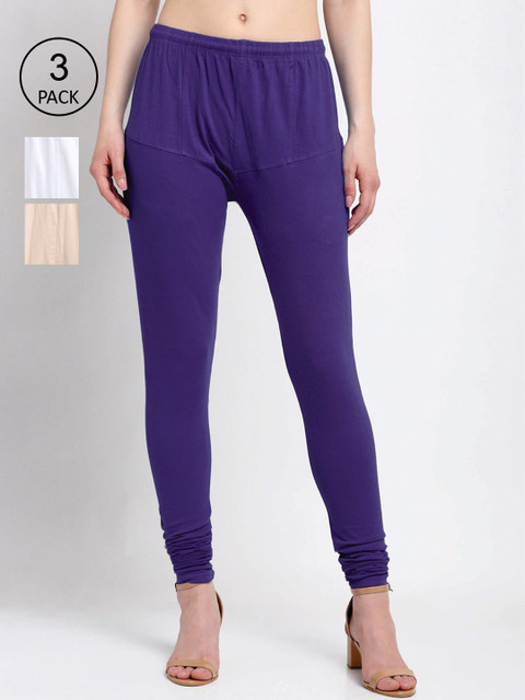 

KLOTTHE Women Pack Of 3 Solid Cotton Churidar-Length Leggings, Purple