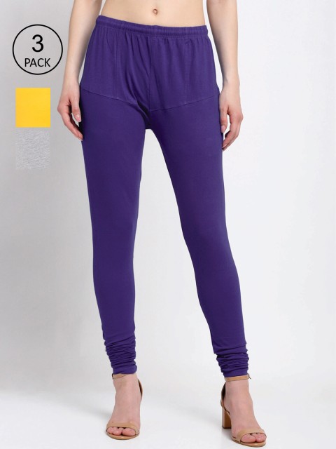 

KLOTTHE Women Pack Of 3 Solid Cotton Churidar-Length Leggings, Violet
