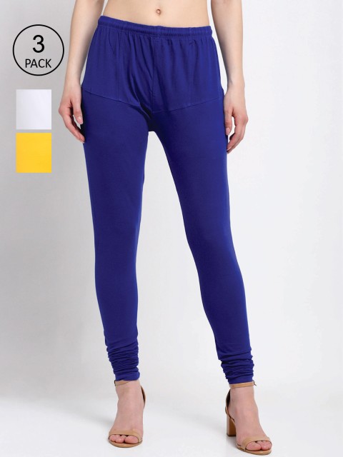 

KLOTTHE Women Pack Of 3 Solid Cotton Churidar-Length Leggings, Blue