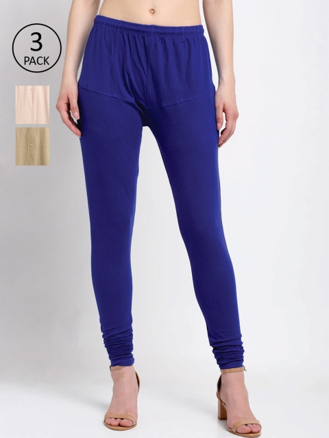 

KLOTTHE Women Pack Of 3 Solid Cotton Churidar-Length Leggings, Blue