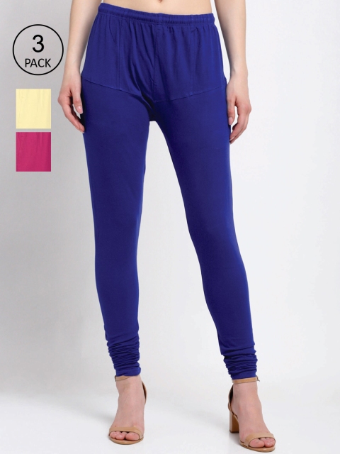 

KLOTTHE Women Pack Of 3 Solid Cotton Churidar-Length Leggings, Blue