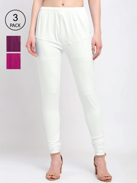 KLOTTHE Women Pack Of 3 Solid Cotton Churidar-Length Leggings, White