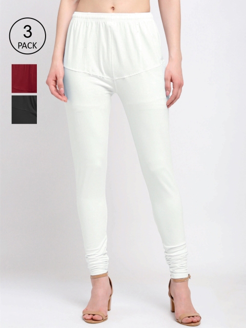 

KLOTTHE Women Pack Of 3 Solid Cotton Churidar-Length Leggings, White