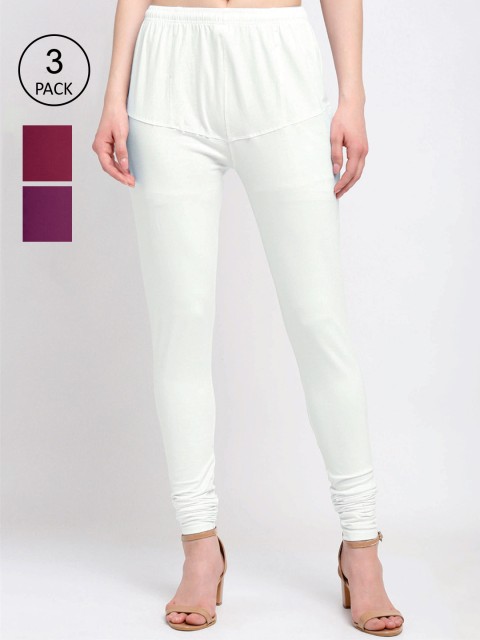 

KLOTTHE Women Pack Of 3 Solid Cotton Churidar-Length Leggings, White