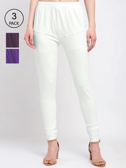 

KLOTTHE Women Pack Of 3 Solid Cotton Churidar-Length Leggings, White