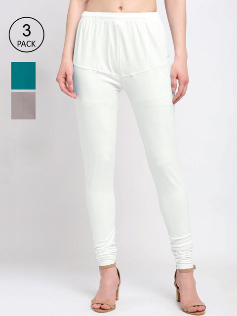 

KLOTTHE Women Pack Of 3 Solid Cotton Churidar-Length Leggings, White