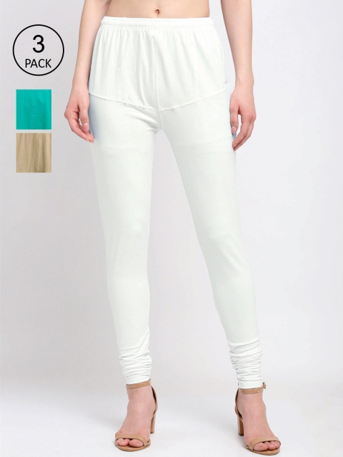 

KLOTTHE Women Pack Of 3 Solid Cotton Churidar-Length Leggings, White