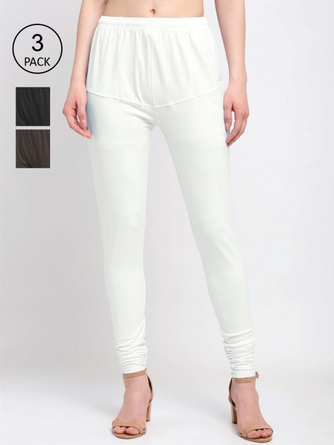 

KLOTTHE Women Pack Of 3 Solid Cotton Churidar-Length Leggings, White