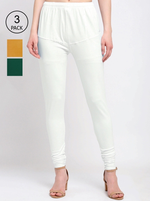 

KLOTTHE Women Pack Of 3 Solid Cotton Churidar-Length Leggings, White