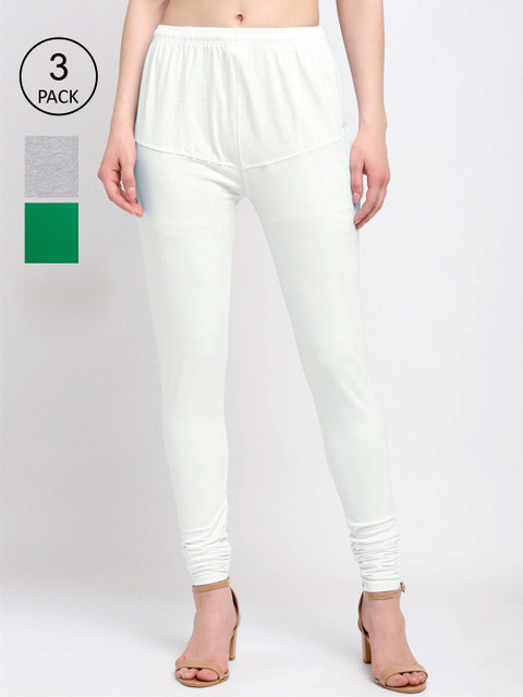 

KLOTTHE Women Pack Of 3 Solid Cotton Churidar-Length Leggings, White