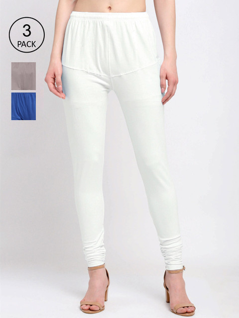 

KLOTTHE Women Pack Of 3 Solid Cotton Churidar-Length Leggings, White