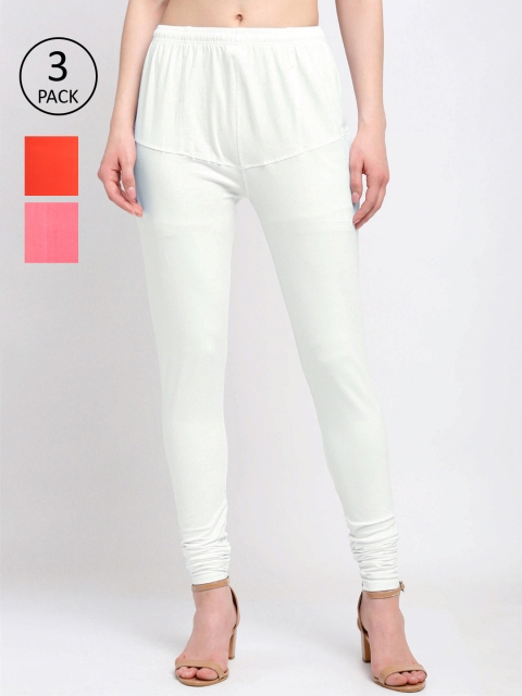 

KLOTTHE Women Pack Of 3 Solid Cotton Churidar-Length Leggings, White