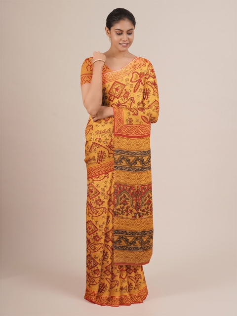 

Pothys Mustard & Red Cotton Blend Geometric Printed Saree