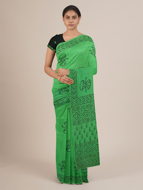 

Pothys Women Green Printed Cotton Blend Saree with Blouse