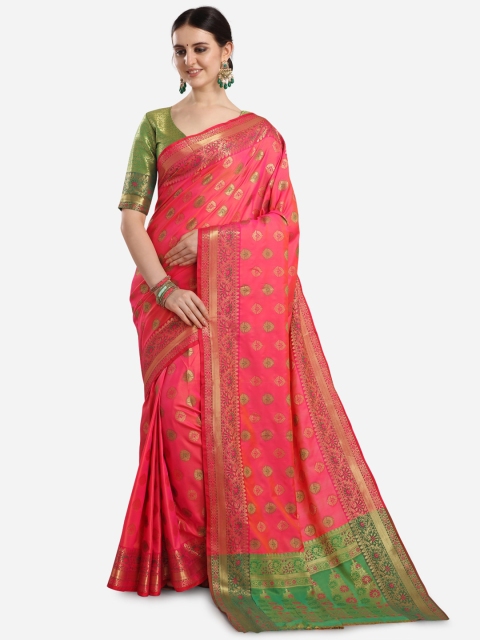 

Mitera Pink & Green Ethnic Motifs Zari Silk Blend Banarasi Saree