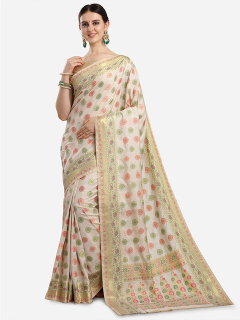 

Mitera Cream-Coloured & Red Silk Blend Ethnic Motifs Woven Designed Saree