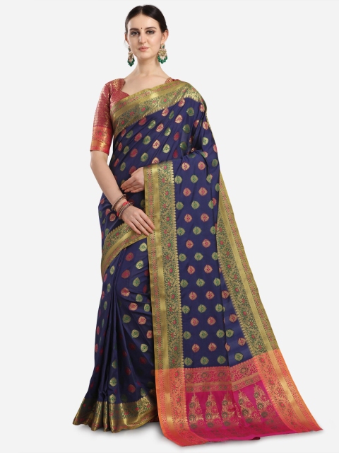 

Mitera Navy Blue & Pink Woven Design Zari Silk Blend Banarasi Saree