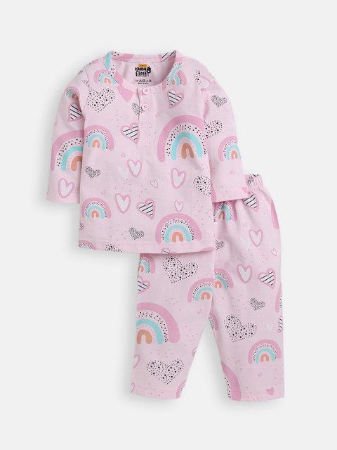 

AMUL Kandyfloss Kids Pink & Turquoise Blue Printed Pure Cotton Night Suit