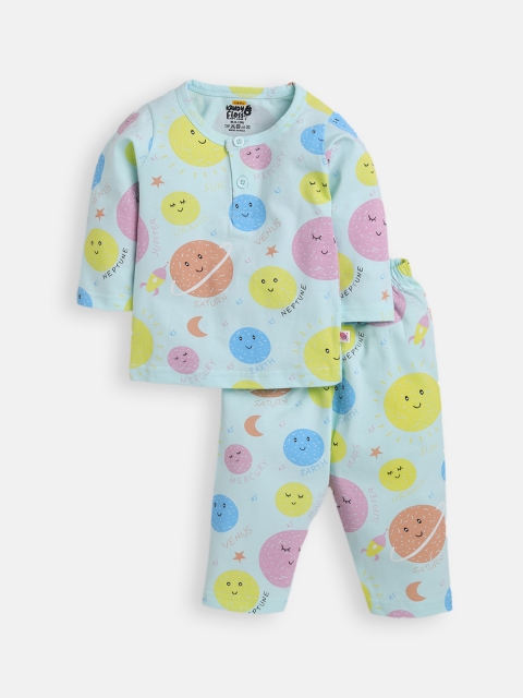 

AMUL Kandyfloss Kids Turquoise Blue & Yellow Printed Pure Cotton Night Suit