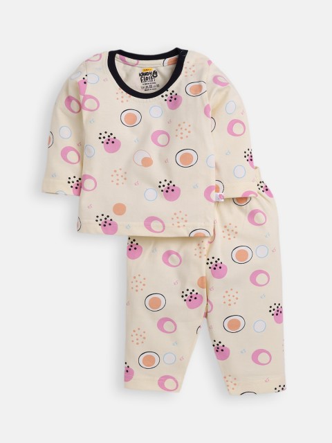 

AMUL Kandyfloss Unisex Kids Cream-Coloured & Pink Printed Night suit