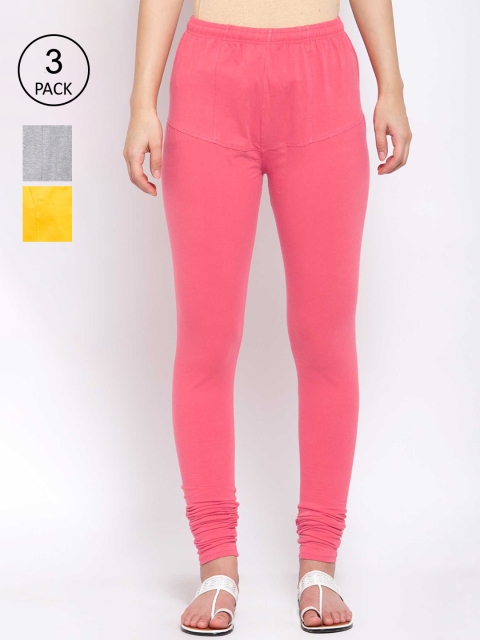 

KLOTTHE Women Pack Of 3 Solid Cotton Churidar-Length Leggings, Pink