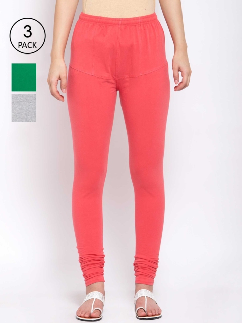 

KLOTTHE Women Pack Of 3 Solid Cotton Churidar-Length Leggings, Peach