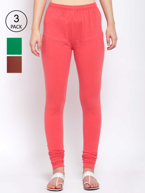 

KLOTTHE Women Pack Of 3 Solid Cotton Churidar-Length Leggings, Coral