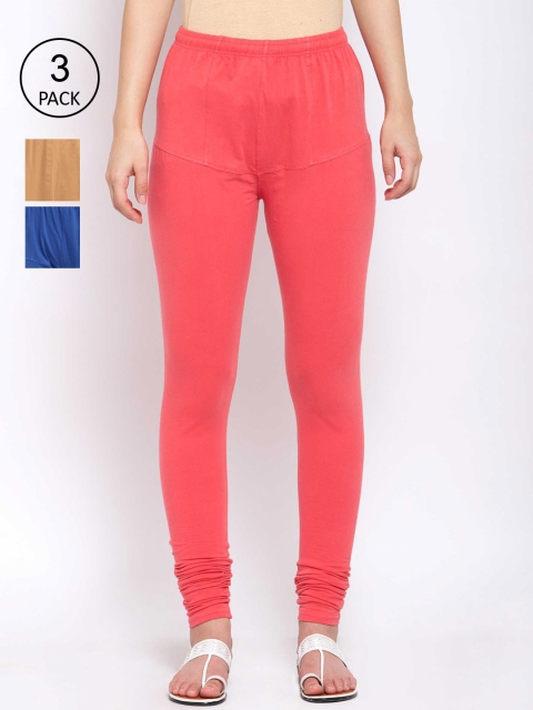 

KLOTTHE Women Pack Of 3 Solid Cotton Churidar-Length Leggings, Coral