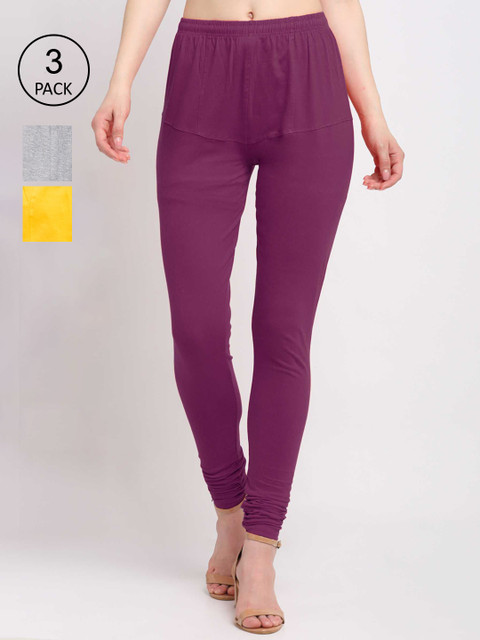 

KLOTTHE Women Pack Of 3 Solid Cotton Churidar-Length Leggings, Grey