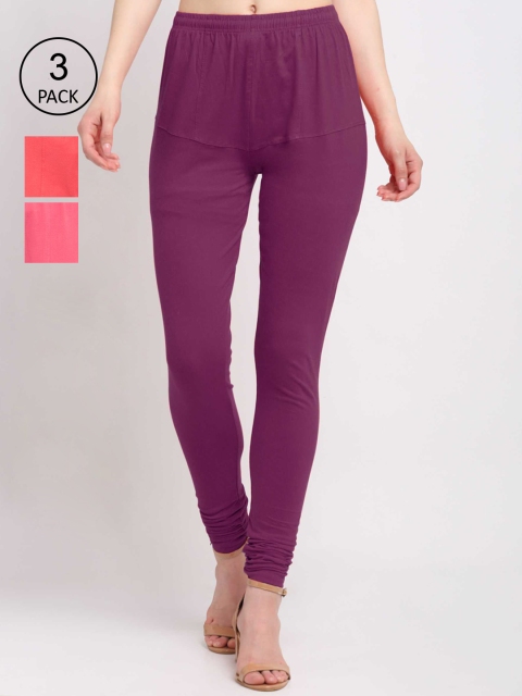 

KLOTTHE Women Pack Of 3 Solid Cotton Churidar-Length Leggings, Purple