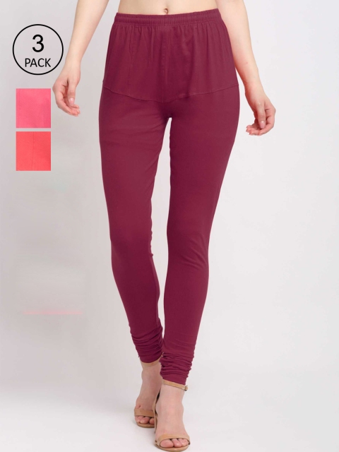 

KLOTTHE Women Pack Of 3 Solid Cotton Churidar-Length Leggings, Maroon