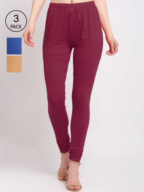 

KLOTTHE Women Pack Of 3 Solid Cotton Churidar-Length Leggings, Beige