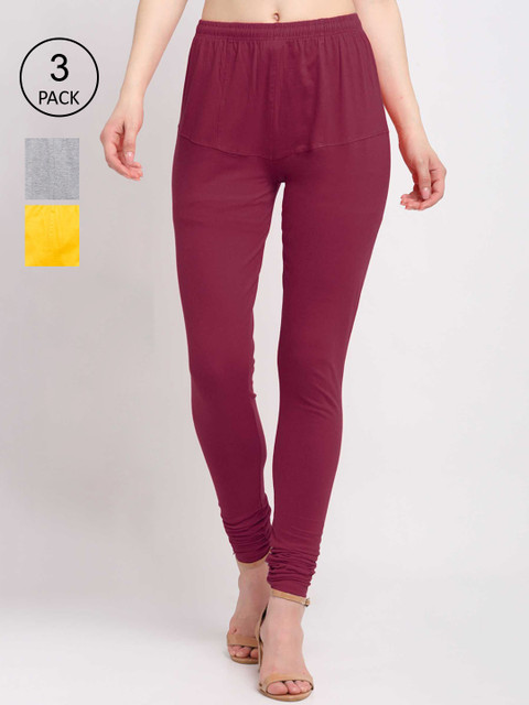 

KLOTTHE Women Pack Of 3 Solid Cotton Churidar-Length Leggings, Maroon