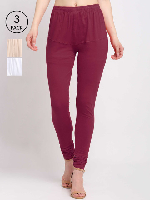 

KLOTTHE Women Pack Of 3 Solid Cotton Churidar-Length Leggings, Maroon