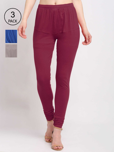 

KLOTTHE Women Pack Of 3 Solid Cotton Churidar-Length Leggings, Grey