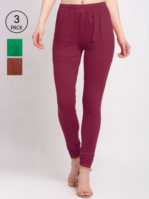 

KLOTTHE Women Pack Of 3 Solid Cotton Churidar-Length Leggings, Maroon