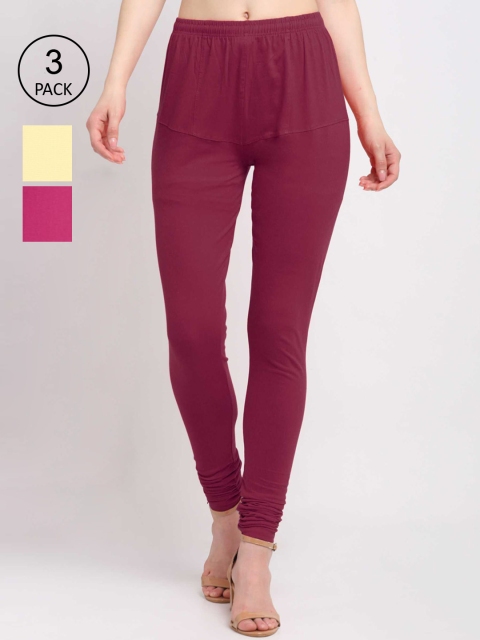 

KLOTTHE Women Pack Of 3 Solid Cotton Churidar-Length Leggings, Maroon