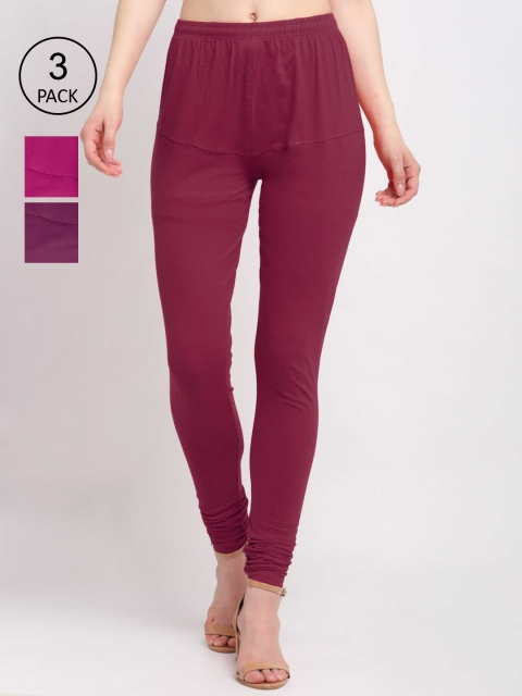 

KLOTTHE Women Pack Of 3 Solid Cotton Churidar-Length Leggings, Maroon