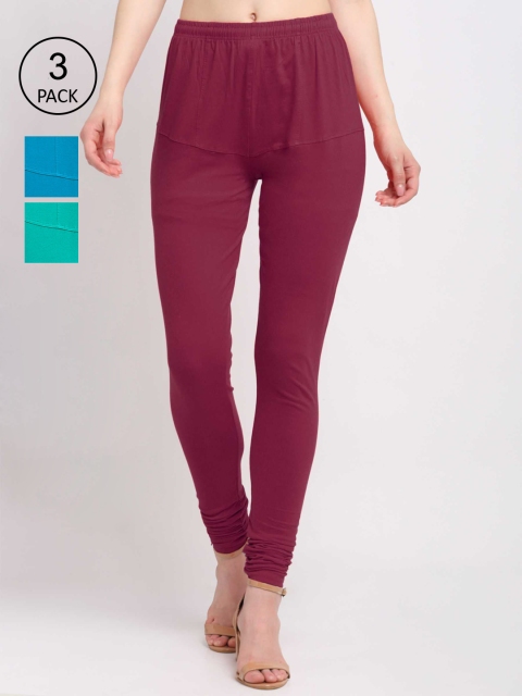 

KLOTTHE Women Pack Of 3 Solid Cotton Churidar-Length Leggings, Maroon