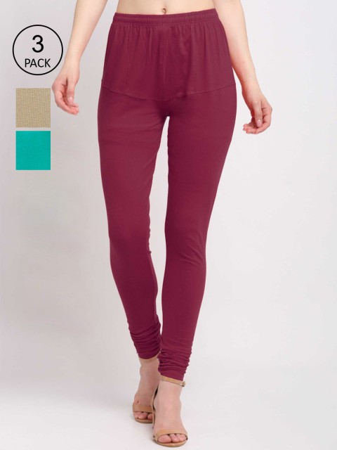 

KLOTTHE Women Pack Of 3 Solid Cotton Churidar-Length Leggings, Purple
