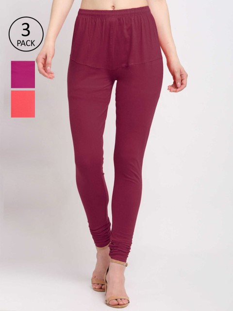 

KLOTTHE Women Pack Of 3 Multicoloured Solid Cotton Churidar-Length Leggings, Maroon