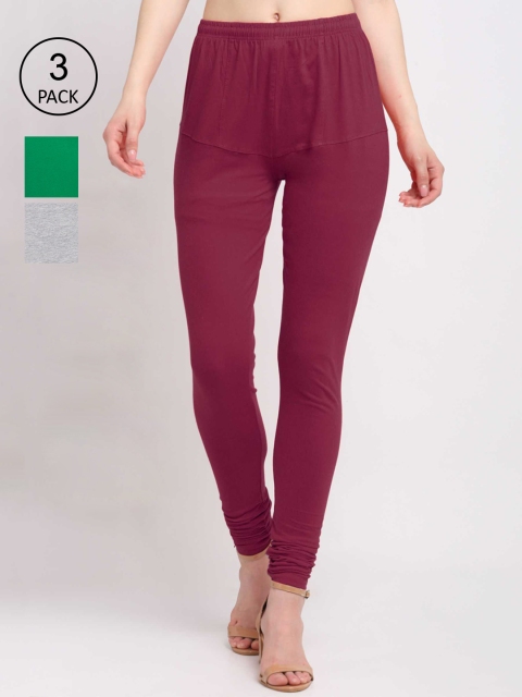 

KLOTTHE Women Pack of 3 Solid Cotton Churidar-Length Leggings, Maroon