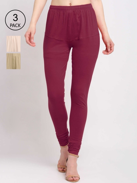 

KLOTTHE Women Pack Of 3 Solid Cotton Churidar-Length Leggings, Maroon